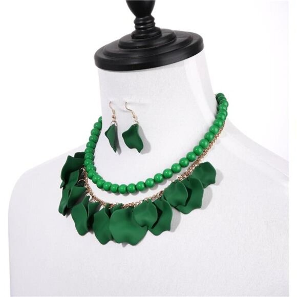 Flower Petal Necklace Earrings Set Green 3 piece jewelry set for spring - Picture 6 of 6